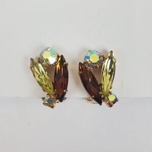 Vintage Topaz Yellow AB Navette Crystal Rhinestone Gold Tone‎ Clip On Earrings